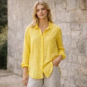 CP SHADES Women's 100% Linen Button up Blouse in yellow hi low long sleeve sz S